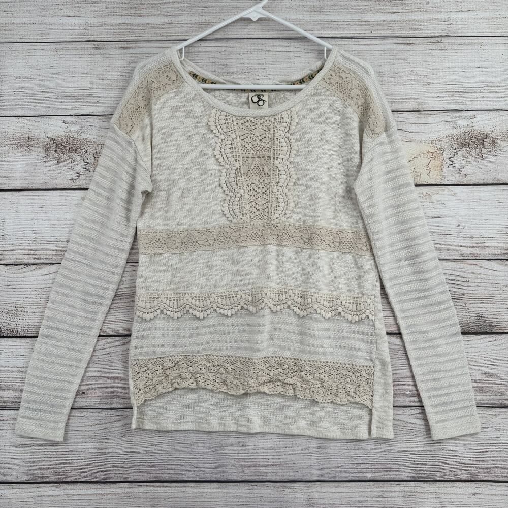One September Sweater Womens Small Beige Cream Crochet Lace Boho Pullover Top‎